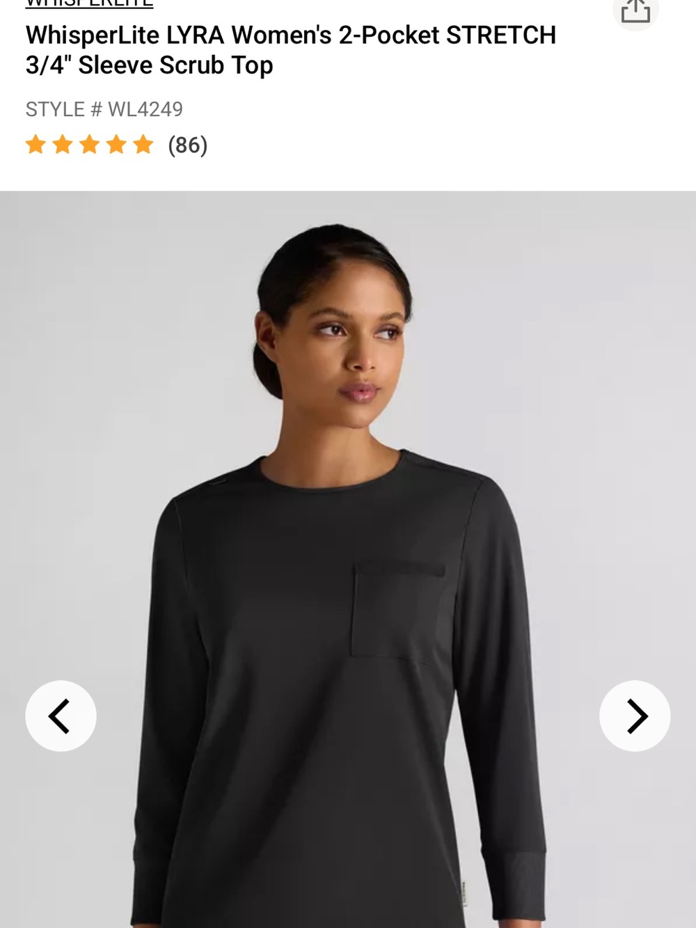 Whisperlite size small 2-Pocket Stretch 3/4 Sleeve Top - Black